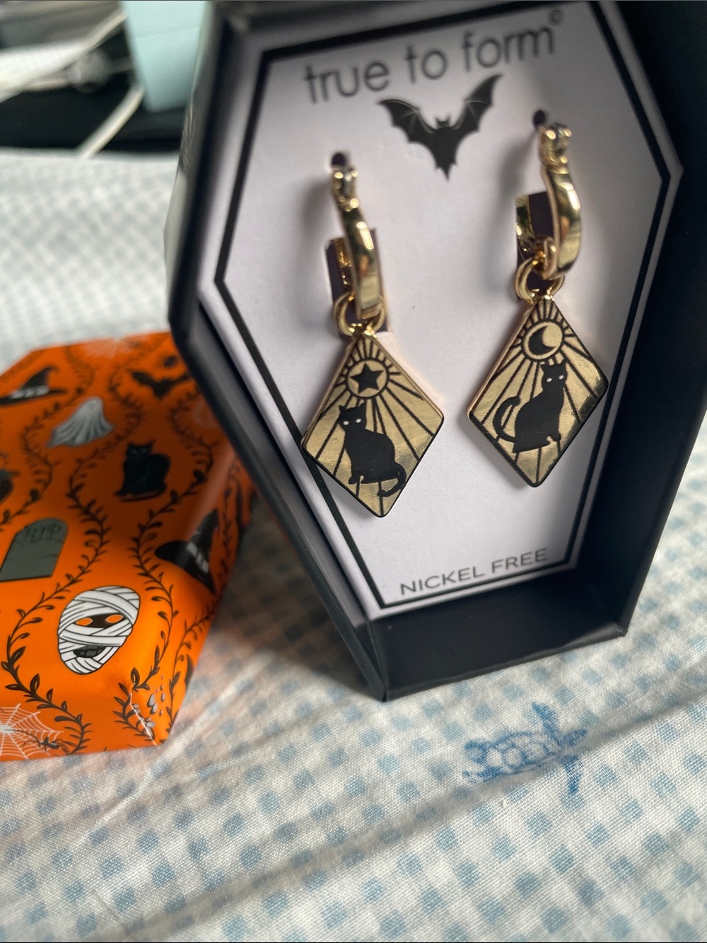 True to Form Gold Cat Dangle Earrings with box